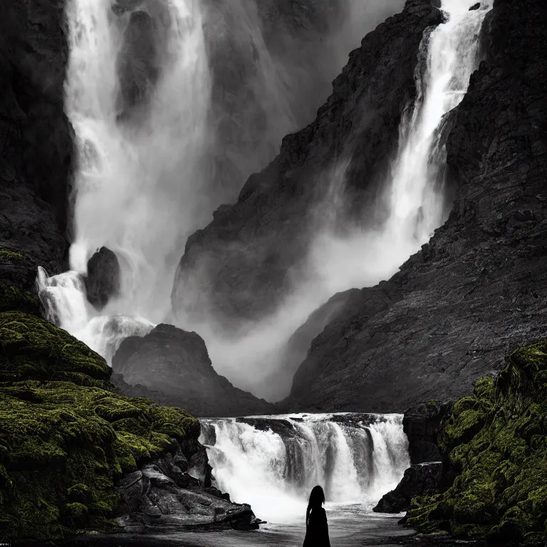 Image similar to dark and moody portrait by ansel adams and pedar balke and wayne barlow, a woman in an extremely long white billowing flowing shhining white dress made out of smoke, standing inside a green mossy irish rocky scenic landscape, huge waterfall, volumetric lighting, backlit, atmospheric, fog, extremely windy, soft focus