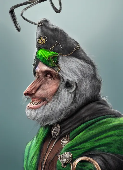 Image similar to a bearded gray humanoid rat with jewelry, green eyes, tricorne hat, green robe, D&D, digital art, realistic, trending on artstation, 4k, sea in the background