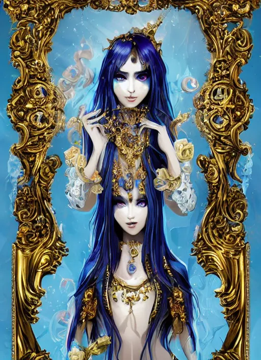 Prompt: baroque bedazzled gothic royalty frames surrounding a pixelsort rimuru tempest smiling, sky blue straight hair, bangs, with amber eyes, yellow golden eyes, wearing a black maximalist spiked jacket, high collar, ultra detailed, concept art, digital painting, pretty, cinematic, wlop artstationin wonderland, sharpened early computer graphics, remastered chromatic aberration