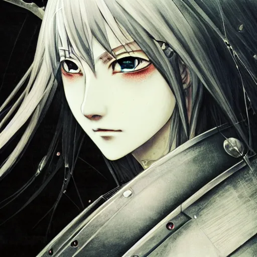 Image similar to Yoshitaka Amano realistic illustration of an anime girl with black eyes, wavy white hair fluttering in the wind and cracks on her face wearing Elden ring armour with engraving, abstract black and white patterns on the background, noisy film grain effect, highly detailed, Renaissance oil painting, weird portrait angle, blurred lost edges, three quarter view