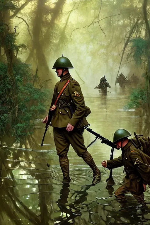 Prompt: two world war 1 soldiers walking in water in a beautiful forest, fantasy highly detailed, intricate, smooth, art by joseph leyendecker, peter mohrbacher, ruan jia, marc simonetti, ayami kojima, cedric peyravernay, alphonse mucha, victo ngai