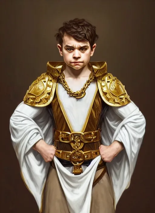 Prompt: symmetry!! oil painting dungeons & dragons portrait of a young halfling male cleric, white robe with gold accents, light brown hair pony tail, wry smirk, brown, gold and white cloak, necklace, elegant, highly detailed, artstation, concept art, smooth, sharp focus, illustration, art by artgerm and greg rutkowski and alphonse mucha