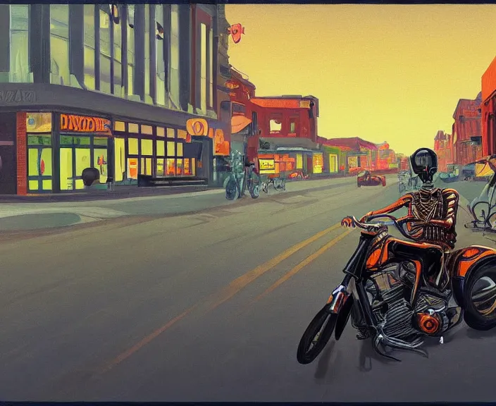 Image similar to a very detailed painting of a skeleton wearing a suit, riding a motorbike down a street, harley davidson motorbike, worm's - eye view, very fine brush strokes, very aesthetic, very futuristic, in the style of edward hopper and grant wood and syd mead, 4 k,