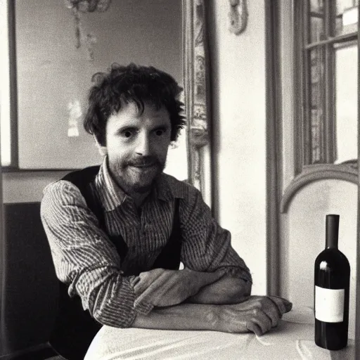 Prompt: photograph of a frenchman seated at a table with a bottle of wine in 1 9 9 0. colorful, award winning photography, 5 0 mm, extremely detailed face