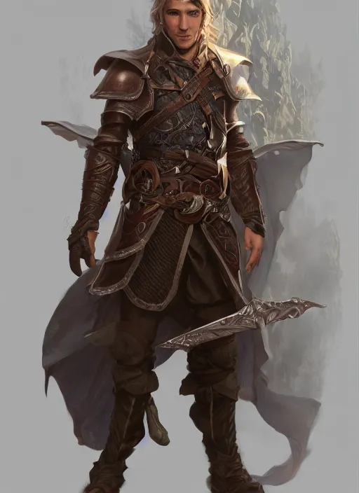 Image similar to a male half elf in fireproof leather armor wearing a utility belt and goggles, D&D, fantasy, intricate, cinematic lighting, highly detailed, digital painting, artstation, concept art, smooth, sharp focus, illustration, art by Terry Moore and Greg Rutkowski and Alphonse Mucha