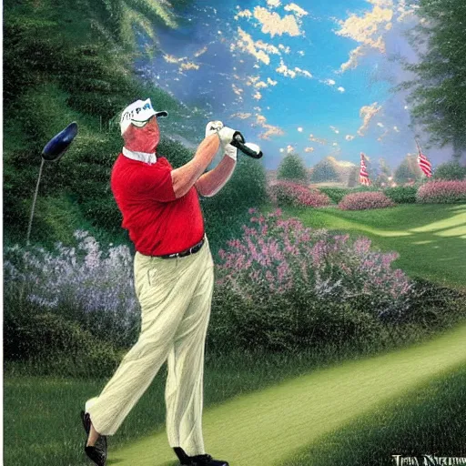Prompt: thomas kinkade drawing of trump golfing