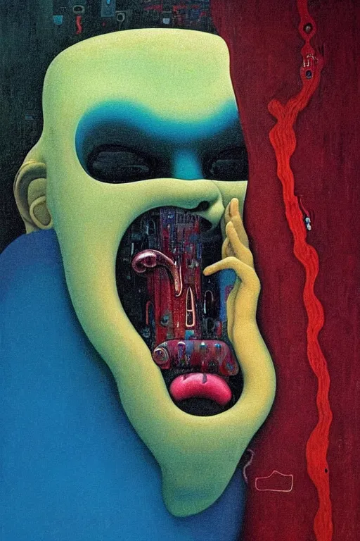 Prompt: 8 0 s art deco close up portait of face with big mouth, rain like a dream oil painting curvalinear clothing cinematic dramatic cyberpunk textural fluid lines otherworldly vaporwave interesting details fantasy lut epic composition by basquiat zdzisław beksinski james jean artgerm rutkowski moebius francis bacon gustav klimt