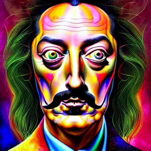 Prompt: An extremely psychedelic portrait of Salvador Dali, surreal, LSD, face, detailed, intricate, elegant, lithe, highly detailed, digital painting, magical, Occult, artstation, concept art, smooth, sharp focus, illustration