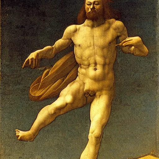 Prompt: clother man jumping by Leonardo da Vinci