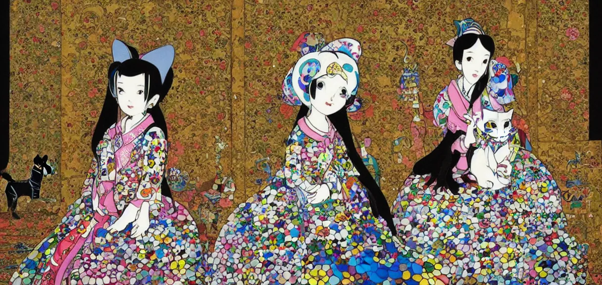 Prompt: a portrait of a princess in the castle with her cat by takashi murakami