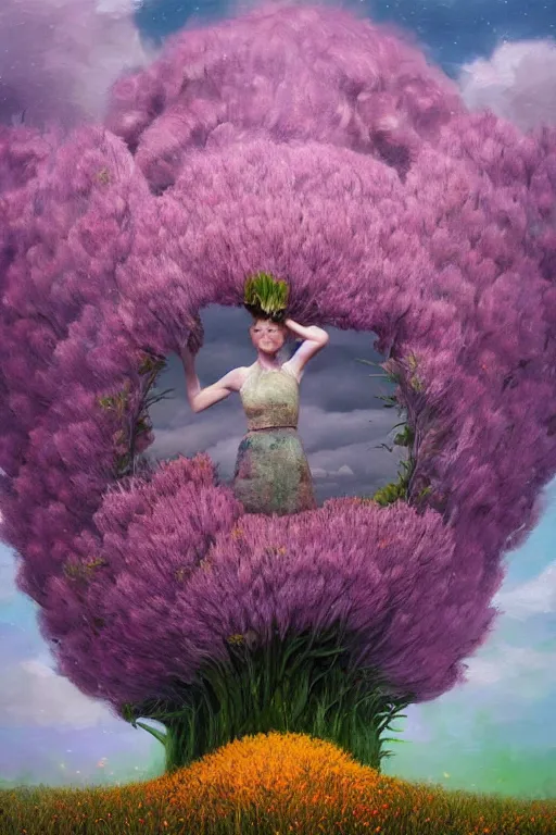 Prompt: closeup, giant flower head mohawk, women in heather field, surreal photography, starlight, storm clouds, impressionist painting, digital painting, artstation, simon stalenhag
