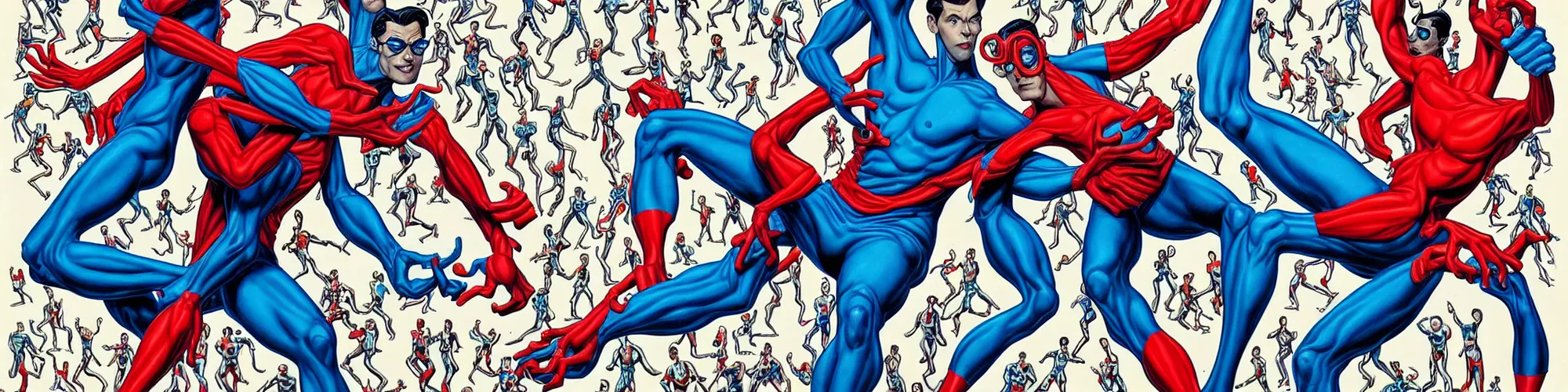 Prompt: mr. fantastic and plastic man showing off their weird limbs illustrated by james jean with very long hands and arms and fingers and legs and feet twirling and twisting around