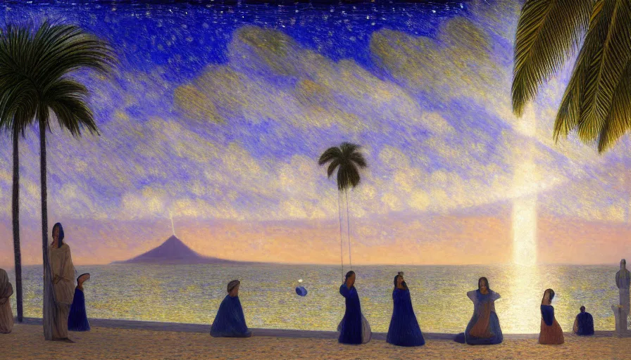 Image similar to a ultradetailed beautiful painting of the night sky of the rio de janeiro palace balustrade designed by tarsila do amaral, jules bastien - lepage, frank weston and gustave baumann, beach, trending on artstation, mediterranean, palm trees, sharp focus, lightning star sparkles refraced lines, soft light, 8 k