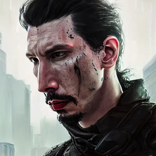 Image similar to adam driver portrait, dystopia core, apocalyptic, armor, warrior, dramatic, sharp focus, fiction, neon, fantasy, hyper detailed, digital art, trending in artstation, cinematic lighting, studio quality, smooth render, unreal engine 5 rendered, octane rendered, art style and nixeu and wlop and krenz cushart