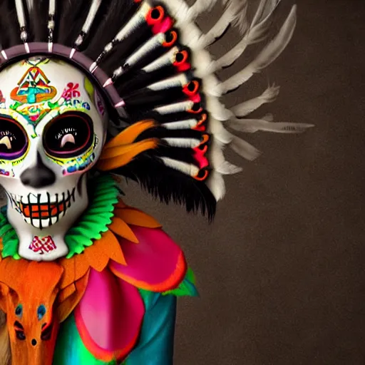 Image similar to zelda wearing dia de los muertos mask, with aztec feathered garments sigma 7 5 mm photo realism, ultra realistic, 8 k resolution, octane render, 3 d render, surreal