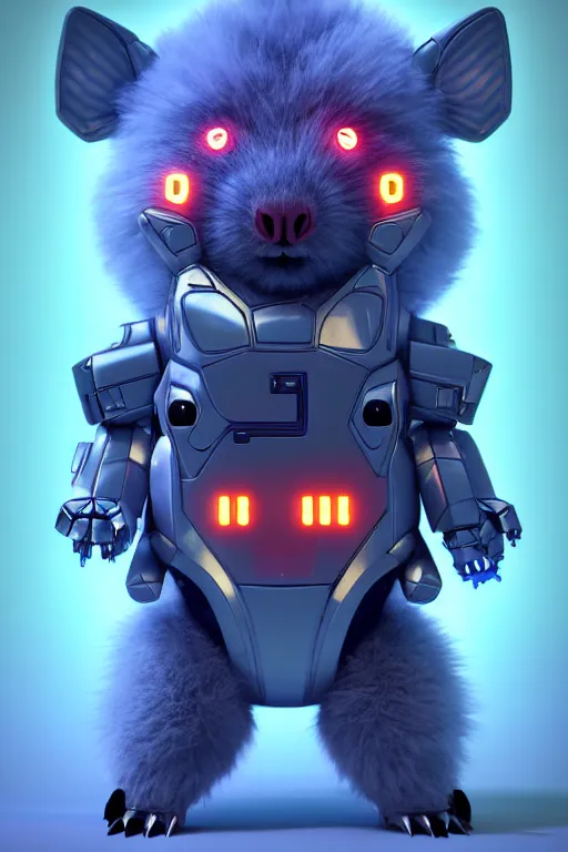 Image similar to high quality 3 d render sci - fi very cute mecha & fluffy! wombat!! hybrid! fighting, highly detailed, unreal engine cinematic smooth, in the style of blade runner & detective pikachu, hannah yata charlie immer, dark blue neon light, low angle, uhd 8 k, sharp focus