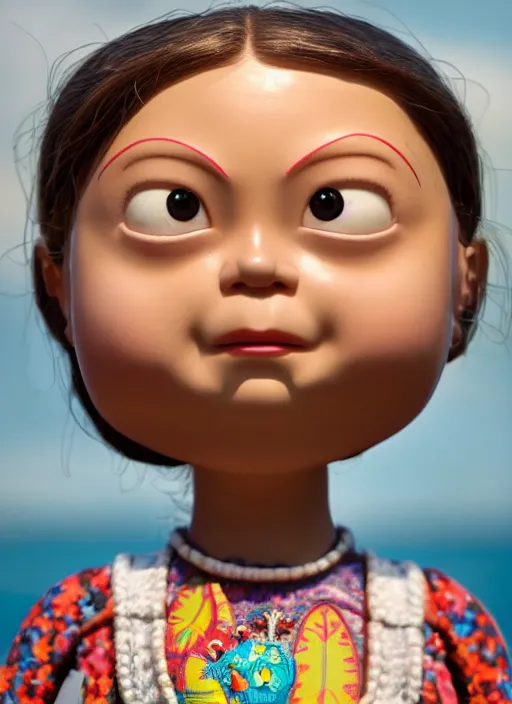 Image similar to closeup profile portrait of tin toy greta thunberg wearing a bikini, depth of field, zeiss lens, detailed, symmetrical, centered, fashion photoshoot, by nicoletta ceccoli, mark ryden, lostfish, breathtaking, 8 k resolution, extremely detailed, beautiful, establishing shot, artistic, hyperrealistic, octane render