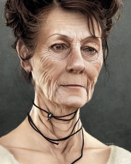 Image similar to portrait 6 0 - year - old woman, tall, severe - looking, with dark hair tied up in a bun, mcgonagall, wearing in black clothes, hyper realistic face, beautiful eyes, fantasy art, in the style of greg rutkowski, intricate, alphonse mucha, hyper detailed, smooth