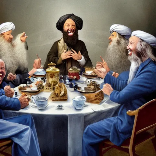 Image similar to a painting of joe biden laugh in tea party with taliban, ultra detailed face, body and gesture, justify content center, hyper realistic content, frontal hyperdetailed realistic content, sharp focus, intricate, dynamic composition, 2 colors, baroque, delete duplicate content