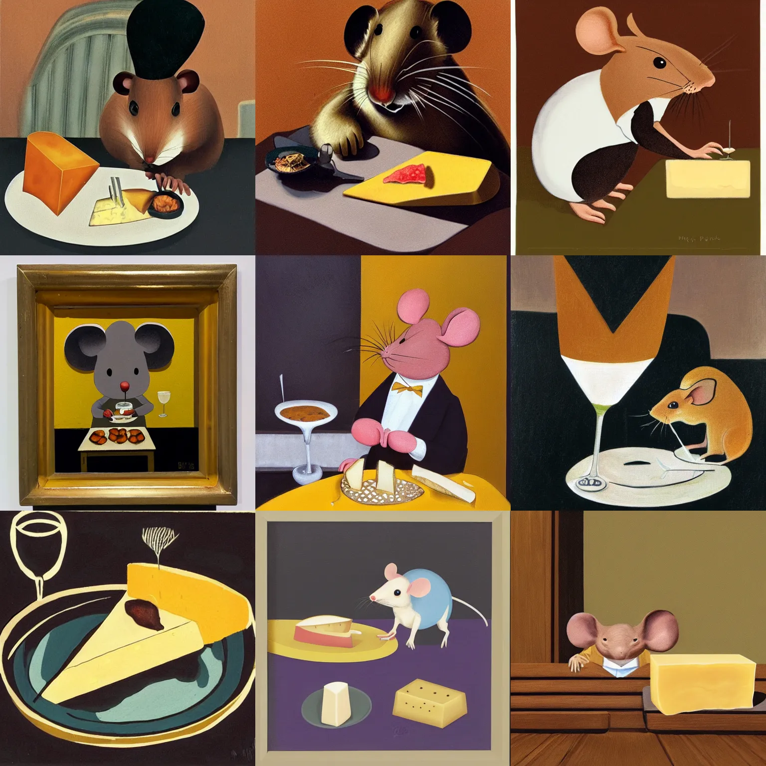 Prompt: an elegant mouse eating cheese at a bar, memphis group