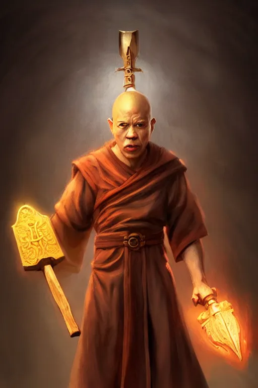 Image similar to monk with draconic face features, wearing a simple robe, holding a war hammer, highly detailed, d & d, fantasy, highly detailed, digital painting, trending on artstation, concept art, sharp focus, illustration, global illumination, shaded, art by artgerm and greg rutkowski and fuji choko and viktoria gavrilenko and hoang lap