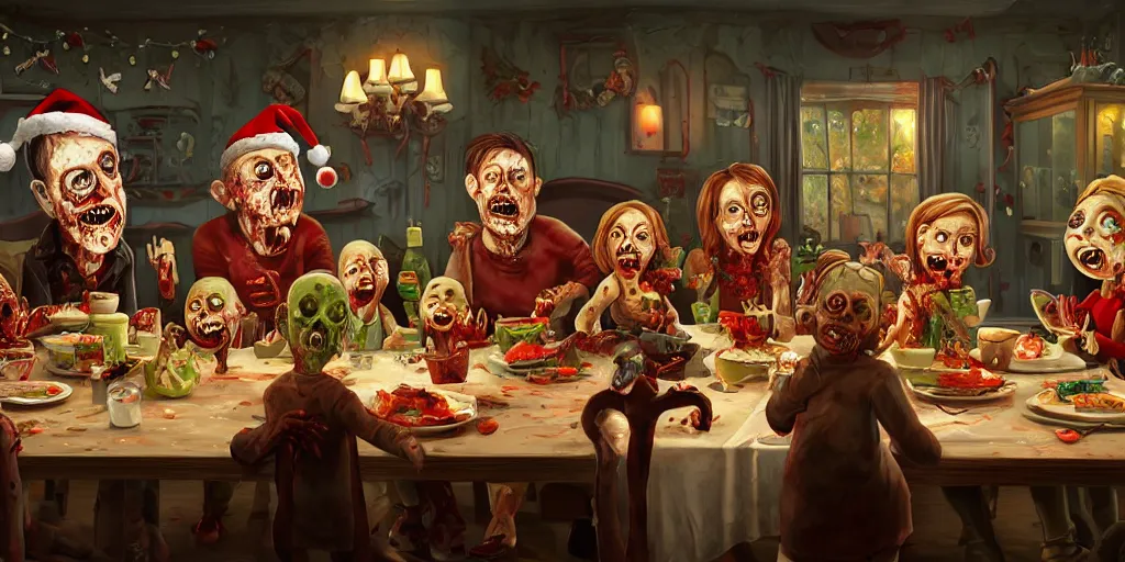 Image similar to a zombie family christmas diner, wide angle, super highly detailed, professional digital painting, artstation, concept art, smooth, sharp focus, no blur, no dof, extreme illustration, unreal engine 5, photorealism, hd quality, 8 k resolution, cinema 4 d, 3 d, beautiful, cinematic, art by tim burton