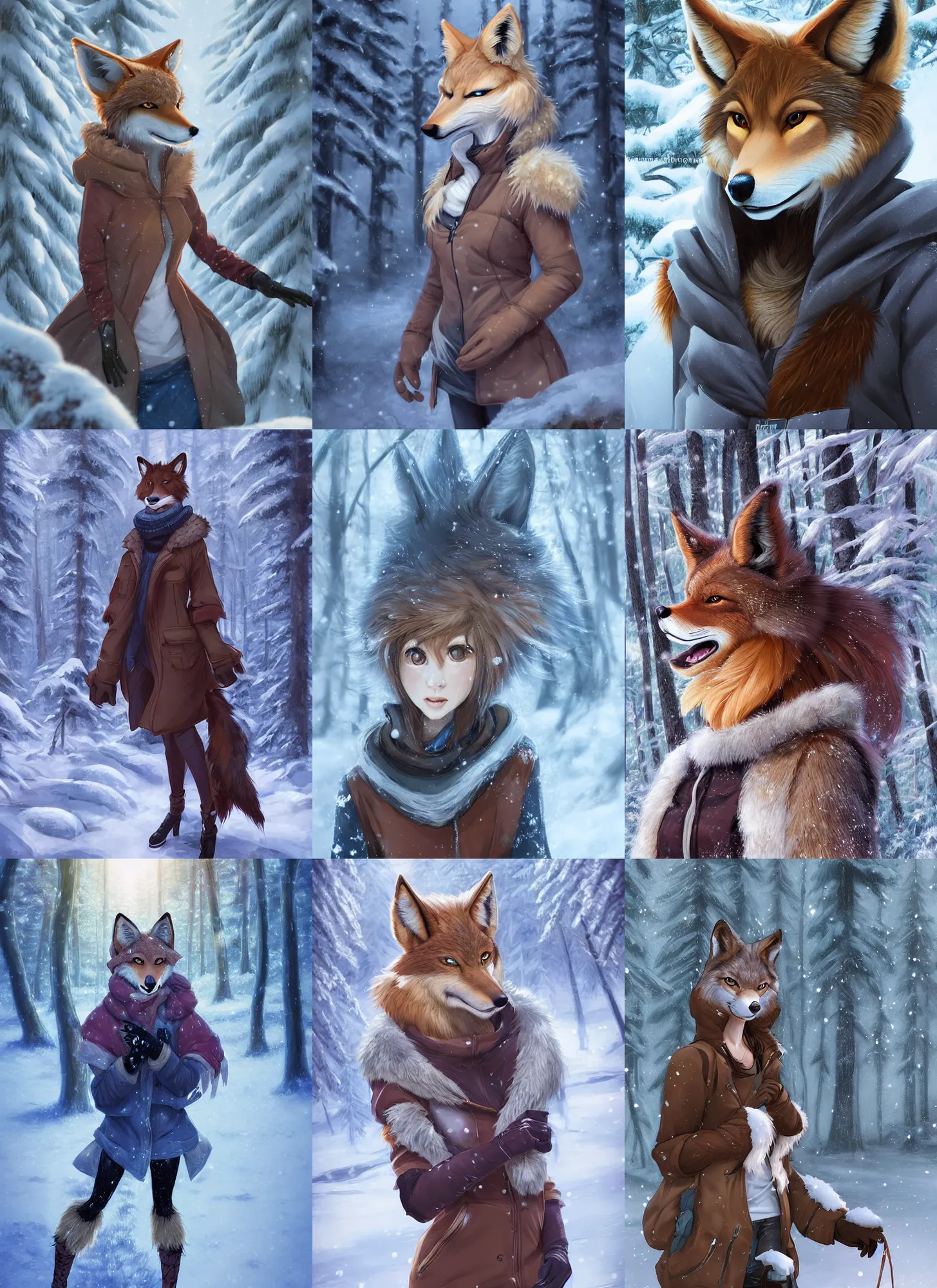 Prompt: beautiful portrait of a female anthropomorphic coyote fursona wearing cold - weather gear on a snowy forest trail. gloves. character design by charlie bowater, ross tran, artgerm, and makoto shinkai, detailed, soft lighting, rendered in octane