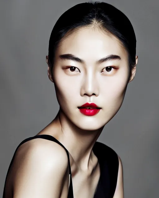 Image similar to photo portrait Liu Wen, beautiful face, faint red lips, slicked back hair, fashion photoshoot, cover girl, real-life skin, skin care, light makeup