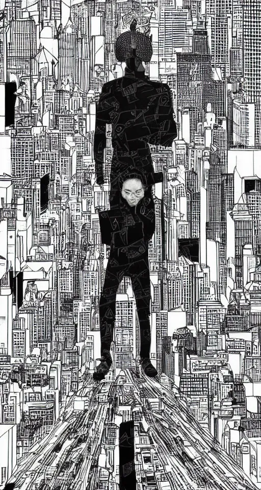 Prompt: cypherpunk full body illustration of nyc, camera face, black and white, city street background with high tall buildings, central park, diane arbus, abstract portrait highly detailed, finely detailed