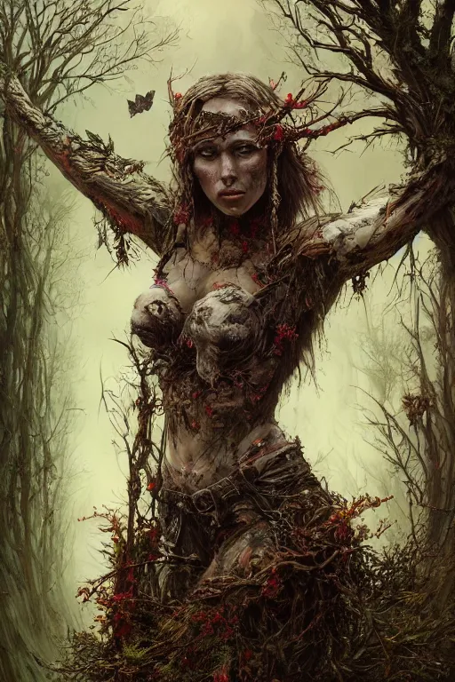 Image similar to wide perspective, very complex hyper-maximalist overdetailed cinematic darkfantasy portrait of a beautiful woman bound by thorns in a rotting bog by andrei riabovitchev, tomasz alen kopera, oleksandra shchaslyva. Omnious intricate, octane, Deviantart, hyper detailed illustration, 8k