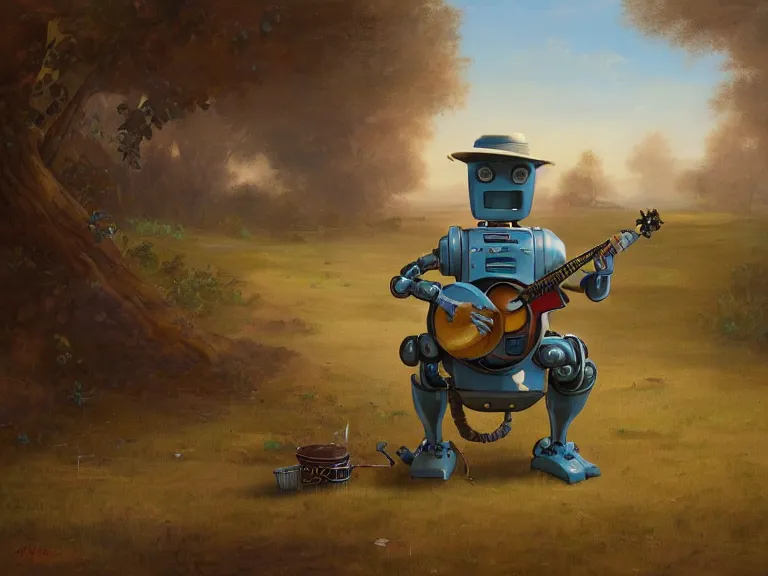 Image similar to painting of a country bumpkin robot playing a banjo, straw in his mouth, style of peter mohrbacher, high detail, hyper realistic, 8 k