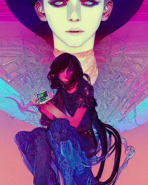 Image similar to glitch art vampire, glitches, vaporwave, highly detailed, very intricate, art nouveau pixelated, neon glitch, chromatic aberration, harsh lighting, award - winning, disney concept art illustration by mandy jurgens and alphonse mucha and alena aenami, glitch color palette, featured on artstation