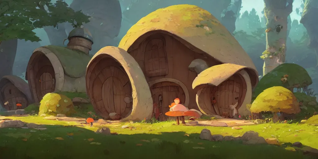 Prompt: small hobbit mushroom houses by cory loftis & akihiko yoshida & james gilleard & atey ghailan & makoto shinkai & goro fujita & studio ghibli, rim light, exquisite lighting, clear focus, very coherent, plain background, soft painting, photorealistic, unreal engine 5, 4 k