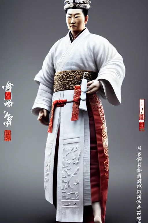 Image similar to a highly detailed epic character design of ancient chinese hansome young emperor, crown wearing white imperial robe strong, full body, background is ancient chinese architecture ， clouds, by chen uen, yoji shinkawa 8 k