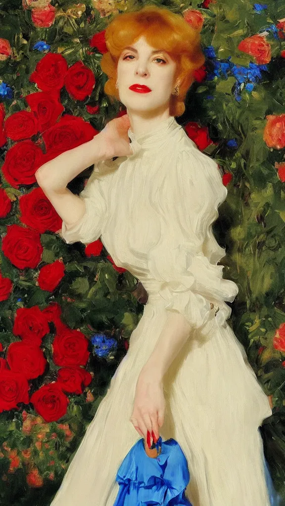 Image similar to portrait of young julee cruise in detailed golden sleeve balloon dress beside a pot of red roses, a persian blue detailed curtain in back painted by john singer sargent