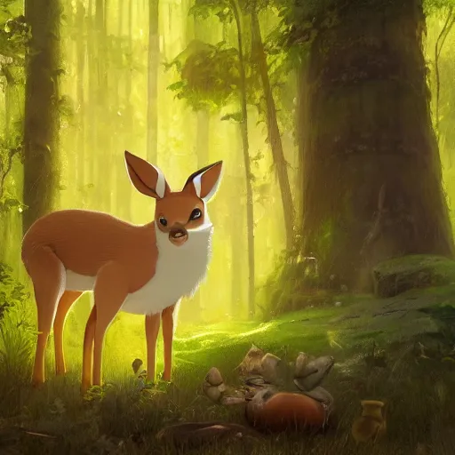 Image similar to concept art painting of an anthropomorphic chubby doe wearing yellow dress, in the deep forest, realistic, detailed, cel shaded, in the style of makoto shinkai and greg rutkowski and james gurney