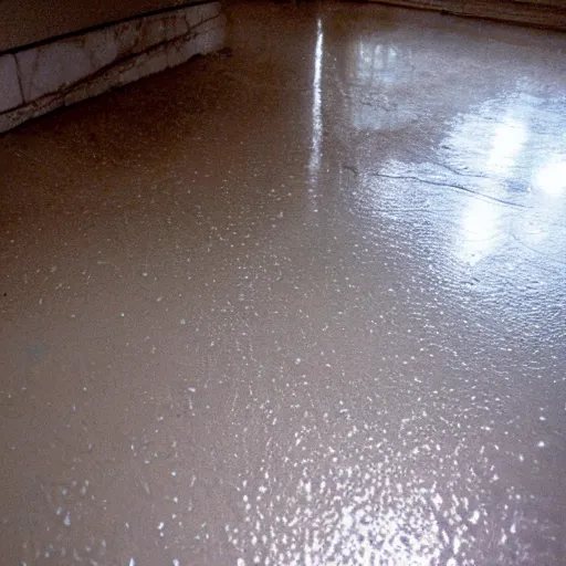 Prompt: drops in floor of a liminal space, unknown location, submerged in water, clean, stucco walls, shiny floors