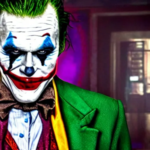 Image similar to Live Action Still of Jerma in The Joker, real life, hyperrealistic, ultra realistic, realistic, highly detailed, epic, HD quality, 8k resolution, body and headshot, film still