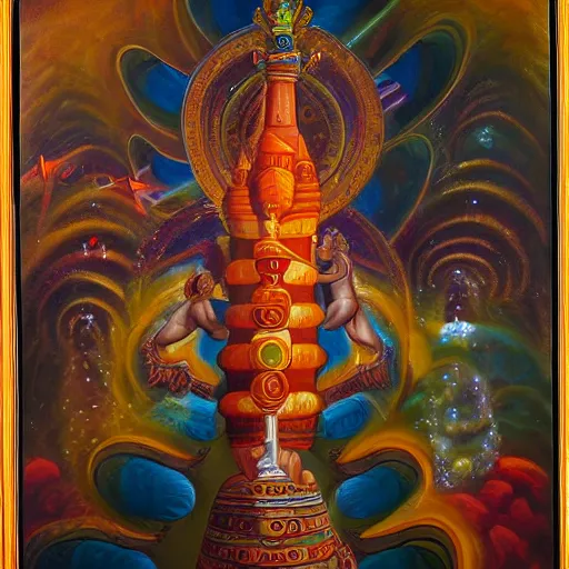 Image similar to Epic wide angle portrait of Shiva emerging from a lingam shaped rocket ship, oil painting