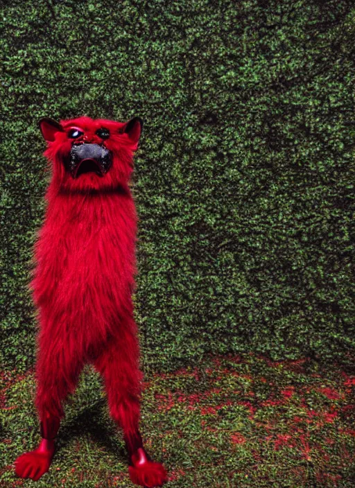 Prompt: hyperrealistic and heavy detailed glowing red eyes dark green furry monster, leica sl 5 0 mm, vivid color, high quality, high textured, real life, full body in shot, far distance, thunder storm