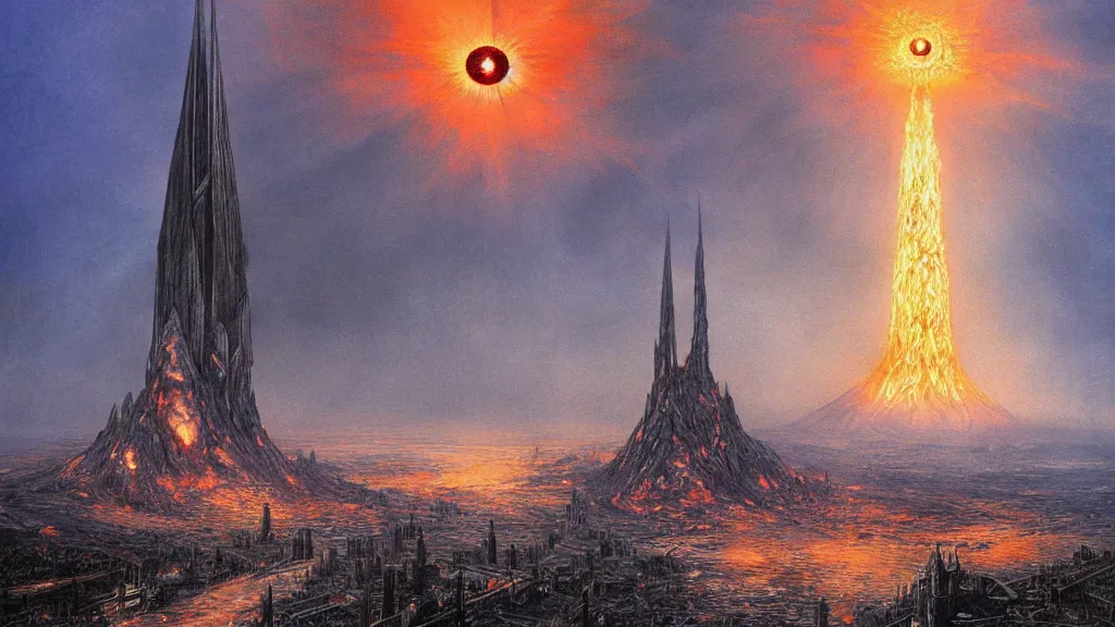 Image similar to mordor, flaming eye of sauron above the tower of barad - dur, by alan lee, intricate, lord of the rings calendar, smooth, detailed terrain, oil painting, trending artstation, concept art, fantasy matte painting