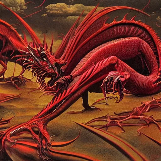 Prompt: a red dragon, fluid, smooth, organic, crazy, bright, colours, tumours, high contrast, sharpness, dramatic, very detailed, intricate, by giger and corben and moebius and beksinski and bosch and bacon