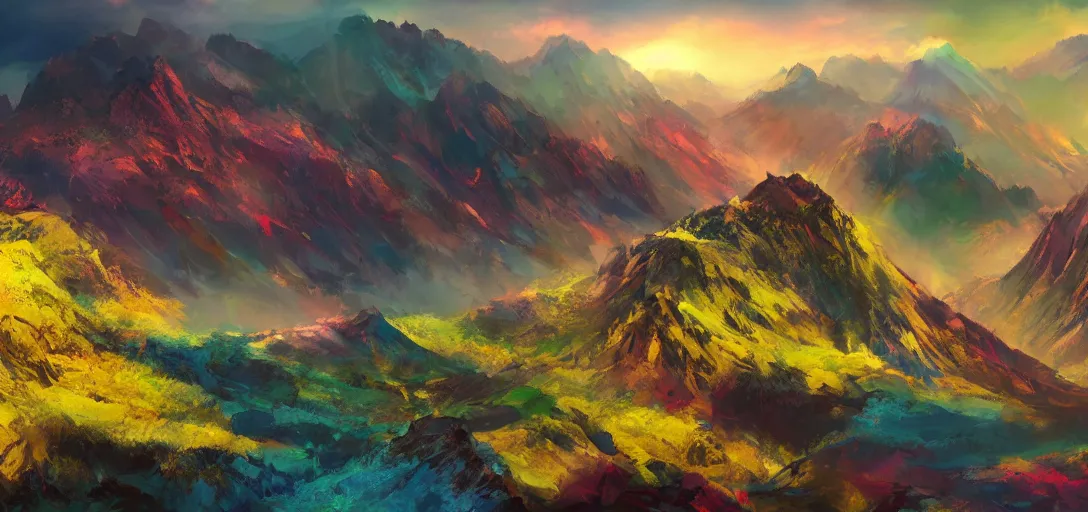 Image similar to vast mountain landscape, craggy mountains, magic the gathering, three - colors, three - color color palette, panoramic, wide angle, horizon, highly detailed