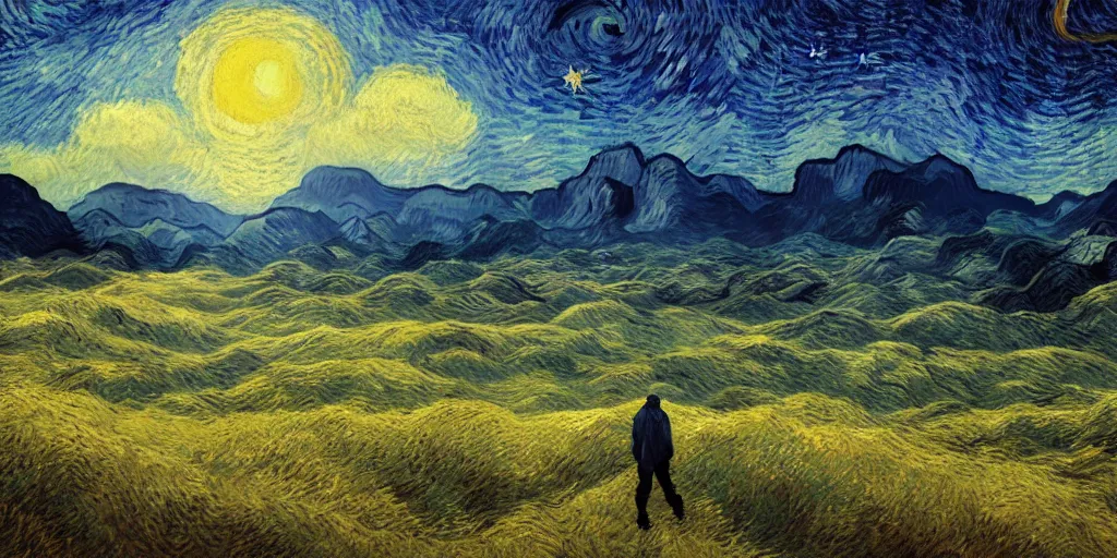 Prompt: landscape, mountain ranges, sky, style of Van Gogh starry night, atmospheric, cinematic, photographic, photoreal, artstation, digital art, small man center standing on mountain, valley mist, fog, hazy, glow