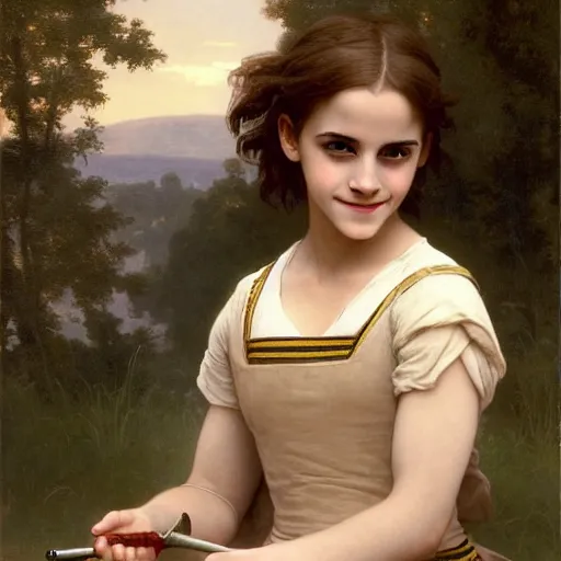 Image similar to Painting of Emma Watson as Hermione Granger. Young. Smiling. Happy. Cheerful. Prisoner of Azkaban. Art by william adolphe bouguereau. Very very very very very very very very very very very very much detailed. Beautiful. 4K. Award winning.