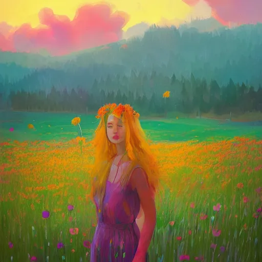 Image similar to girl with a flower face, surreal, bizzare, dreamlike, standing in flower field, in a valley, sunrise dramatic light, impressionist painting, colorful clouds, artstation, simon stalenhag