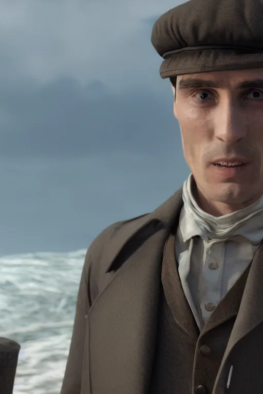 Prompt: Thomas Shelby wearing a Standard diving dress, walking out the ocean, dramatic, realistic, 8k, 4k, unreal engine