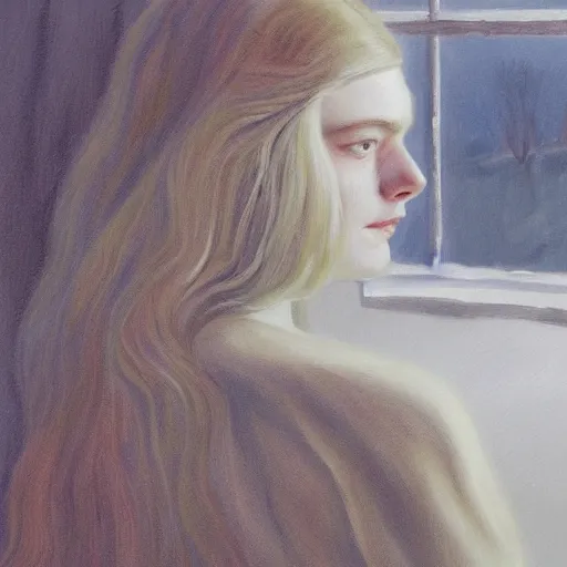 Image similar to Elle Fanning in the painted world of F.E.A.R., head and shoulders masterpiece, apocalypse, golden hour, cosmic horror, artstation, in the style of Andrew Wyeth and Edward Hopper and Bosch, extremely detailed