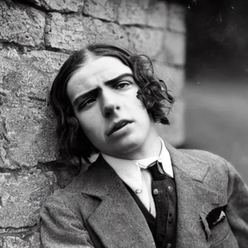 Image similar to Photograph of an utterly terrified young man on the verge of panic tears in 1930s attire with long hair cornered against a stone wall. He looks utterly panicked and distressed.