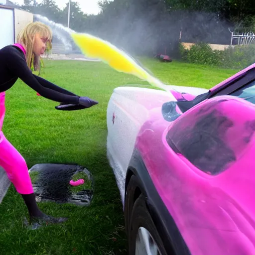 Prompt: pink furry washing cars while eating soap psychedelic style